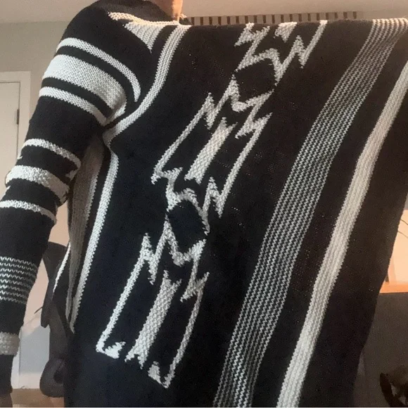 Black and White Striped Women's Wrap Cardigan Sweater - Picture 6 of 6